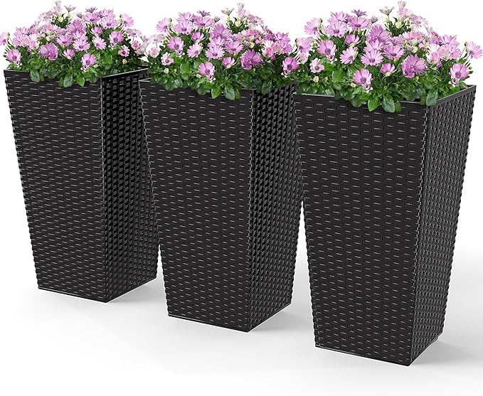 Outsunny Tall Planters for Outdoor Plants Set of 3, 24 in Taper Planters with Drainage Holes, Rattan Decor Plant Pots for Indoor Outdoor Front Porch Patio Backyard, Black Outsunny