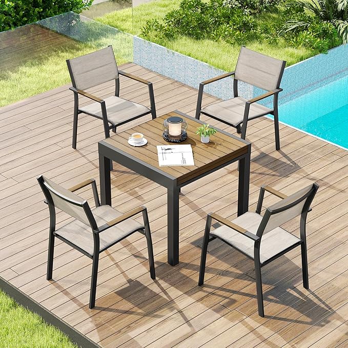 5 Pieces Expandable Patio Dining Set, Never-Rust Aluminum Outdoor Dining Table Set, 32"-65" Extendable Dining Table and Stackable Textilene Dining Chairs for Garden, Deck, Indoor, Teak SeeHill