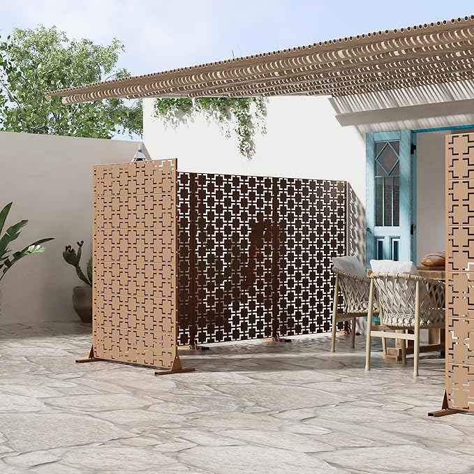 Casaphoria Metal Privacy Screen Outdoor, 72" H x 47" W Freestanding Decorative Privacy Screen for Patio Deck Balcony Garden with Stable Base, Brown-Square Casaphoria