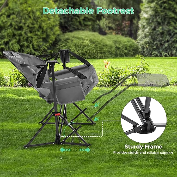 Ainfox Hammock Camping Chair with Footrest, Foldable Portable Rocking Chairs for Adults Outside Swinging Camp with Cup Holder Pillow for Outdoor Patio Poolside (Light Grey) Ainfox