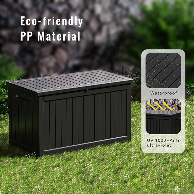 DRATO 280 Gallon Deck Box, Outdoor Large Waterproof Resin Storage Box with Lockable Lid for Patio Cushions, Gardening Tools（Black，280 Gallon） DRATOprovidesawarmandcozy