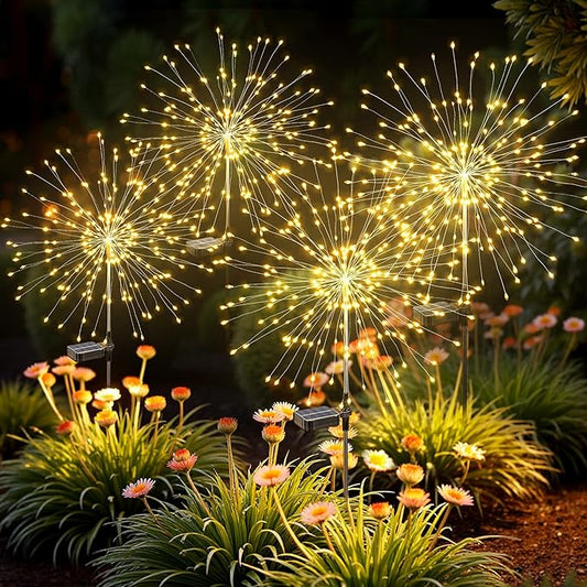 Solar Lights Outdoor, 120LED 4pack Fairy Garden Lights Decor for Outside Fireworks Lights Solar Powered for Yard, Patio, Pathway, Walkway, Balcony, Warm White Suncket
