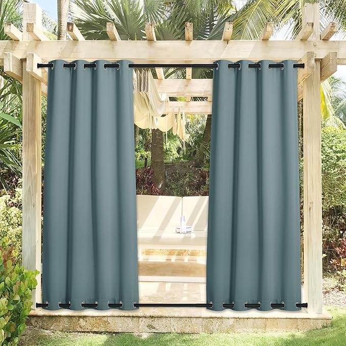 NICETOWN 2 Panels Greyish Blue Outdoor Curtains for Patio Waterproof, Sunlight Block Rustproof Grommet Top & Bottom Windbreak Thick Enough Keep Sun/Rain Out for Deck, W52 x L108, 2 Panels NICETOWN