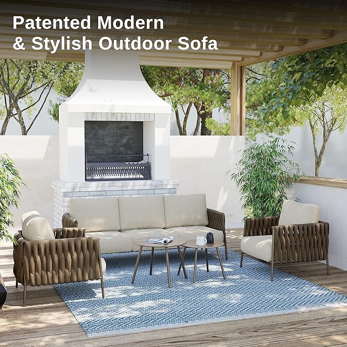 EAST OAK Life Chatter Patio Furniture Set 5 Pieces, Outdoor Furniture 5-Seat Sofa with Two Round Coffee Table, Waterproof Thick Cushion Deep Seating for Porch, Balcony, Chestnut Brown & Creamy Apricot EASTOAK