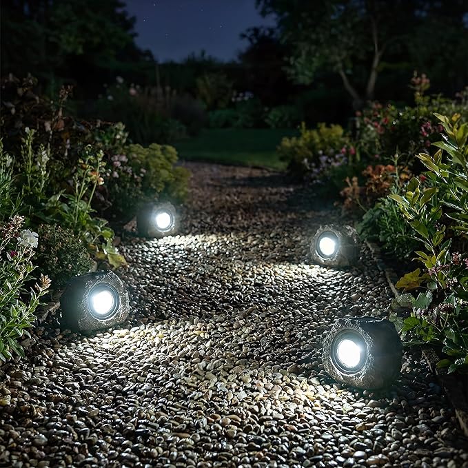 Solar Rock Lights Outdoor – 4 Pack Waterproof LED Landscape Garden Spotlights, Realistic Stone Design, Wireless Solar Powered Pathway Lights for Yard, Walkway, Patio & Lawn Decoration (Auto On/Off) VISFLAIR