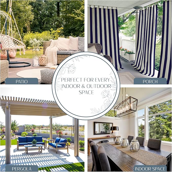 Elrene Home Fashions Highland Stripe Indoor/Outdoor Curtain Panel, 50 inches X 95 inches, Navy ElreneHomeFashions