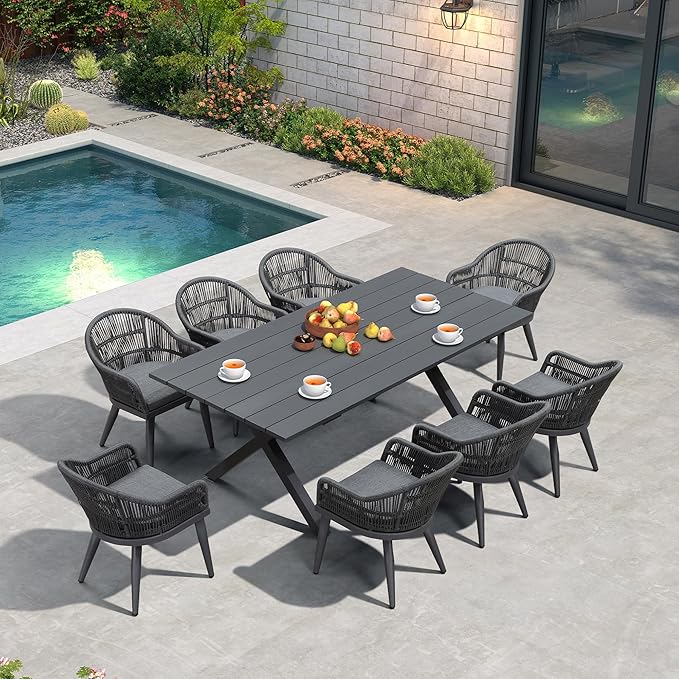 PURPLE LEAF 9 Pieces Patio Dining Set with Outdoor Aluminium Dining Table and Woven Rattan Chairs Modern Metal Furniture Cushions Sets for Garden Yard Indoor Decor Kitchen Gray PURPLELEAF