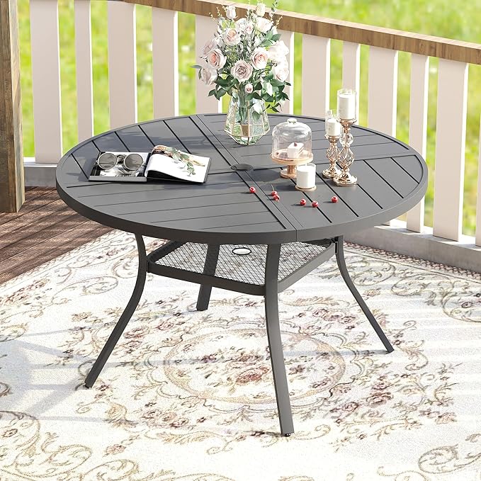 VICLLAX Round Patio Table with Adjustable Umbrella Hole for 4, All Weather Metal Outdoor Dining Table for Lawn Garden, 40.6" Outdoor Coffee Table, Grey Tabletop HOME