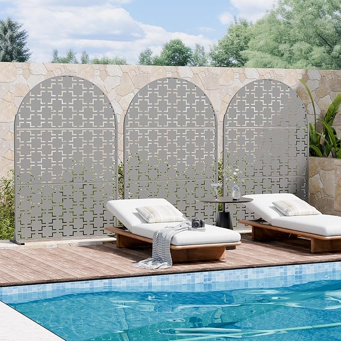Casaphoria 72" H x 47" W Arched Metal Privacy Screen - Elegant Freestanding Outdoor Screen for Deck, Patio & Balcony - Versatile Decorative Privacy Panels for Home & Garden Use (Grey-Square) Casaphoria