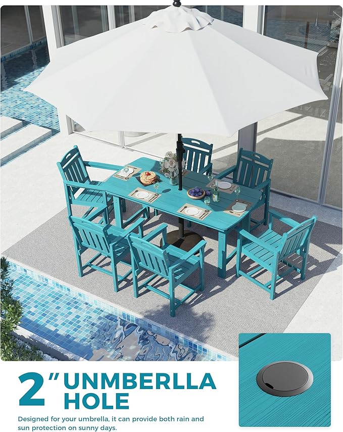 Ciokea HDPE Outdoor Dining Table with Umbrella Hole,66" Rectangle Patio Table for 6,All-Weather Outdoor Patio Furniture Set for Garden Backyard, Lake Blue CIOKEA
