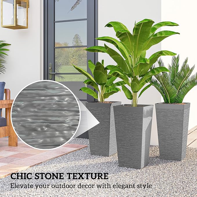 Outsunny 22.8 Inch Tall Planters for Outdoor Plants, Set of 3 Plastic Flower Pots with Stone Finish and Wheels, Stackable Tapered Planters with Drainage Hole for Indoor Plants, Front Porch, Gray Outsunny