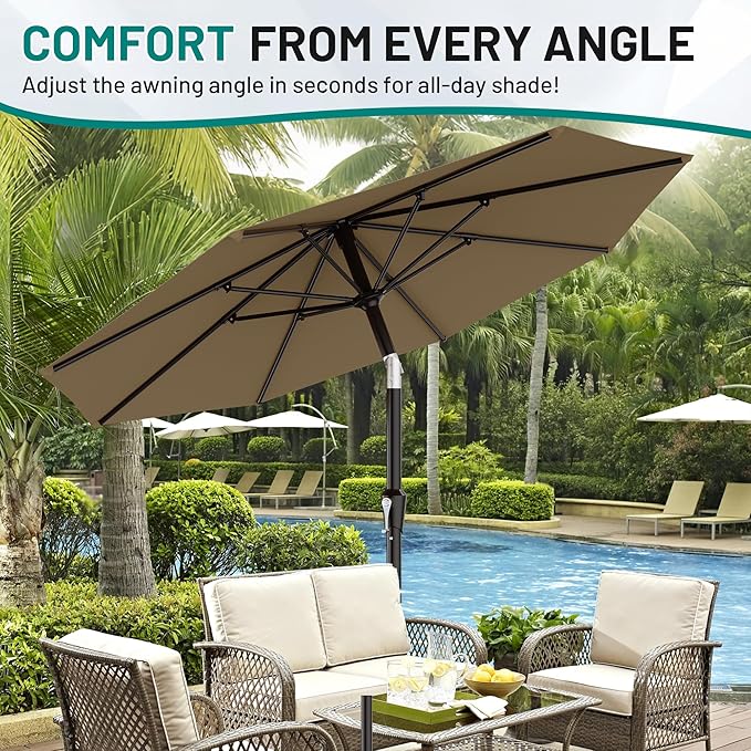 AreShark 9 FT Patio Umbrella for Outdoor, Outdoor Table Umbrella with Push Button Tilt and Crank, Outdoor Patio Umbrellas with 8 Sturdy Ribs for Market, Garden, Pool (Khaki) Rootora