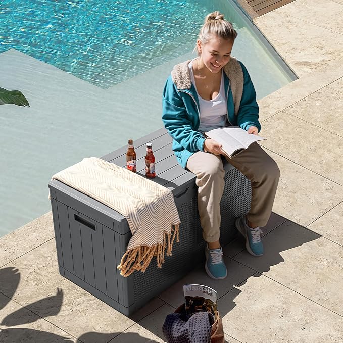 Flamaker Outdoor Storage Box 100 Gallon Waterproof Resin Deck Box Delivery Box with Air Rod Indoor Outdoor Lockable Storage Bench for Patio Cushions, Tools, Pool Accessories (Gray) Flamaker