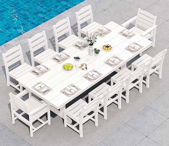 SERWALL 11 Piece Outdoor Dining Set, 84" HDPE Outdoor Table and Chairs for 10，All Weather Patio Furniture Set with Umbrella Hole for Backyard, Garden, White SERWALL