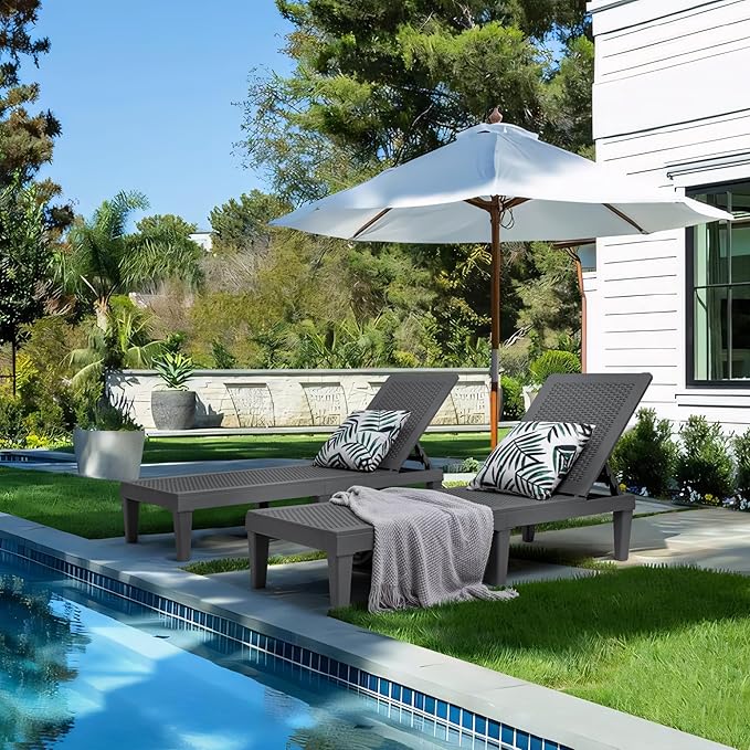 Greesum Outdoor Chaise Lounge Chairs Set of 2 with 5-Position Adjustable Backrest, Waterproof PP Sun Chaise Loungers for Garden Pool Beach Patio Deck Sunbathing, Grey BuynowfromGreesum