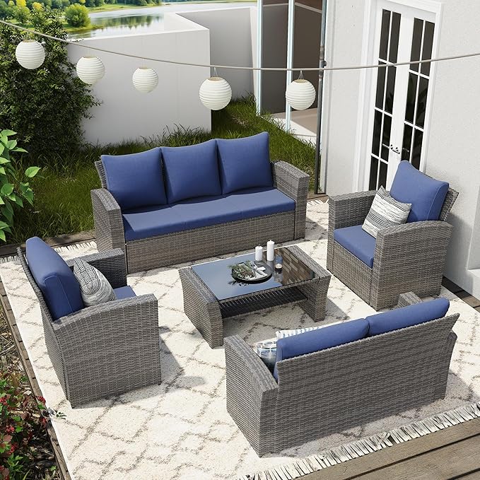 Wisteria Lane 5 Piece Patio Furniture Set, Wicker Outdoor Patio Conversation Furniture Set, All Weather Outdoor Patio Sofa with Cushion and Glass Table, Blue WisteriaLane