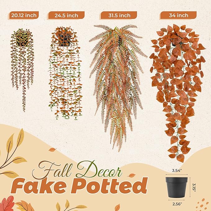 Der Rose 4Pcs Fake Fall Plants Hanging Orange Artificial Eucalyptus Plants, Boston Fern, Fake Potho, String of Pearls for Halloween Bathroom Table Centerpiece Wall Mantle Decor Indoor and Outdoor DerRose