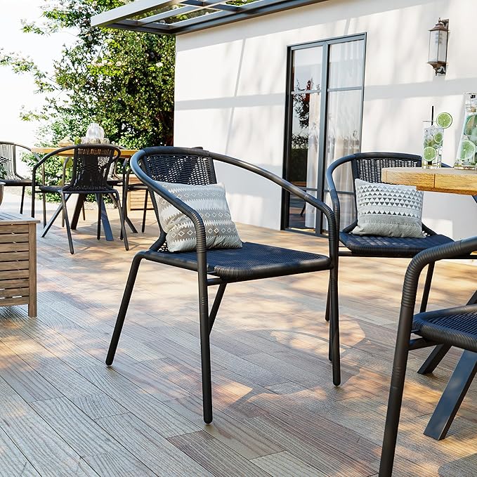 Amopatio Outdoor Dining Chairs Set of 6, Rattan Patio Chairs Wicker, Stackable Indoor-Outdoor Chair, Bistro, Deck, Yard, Porch, Restaurant Stack Chairs, Black Amopatio