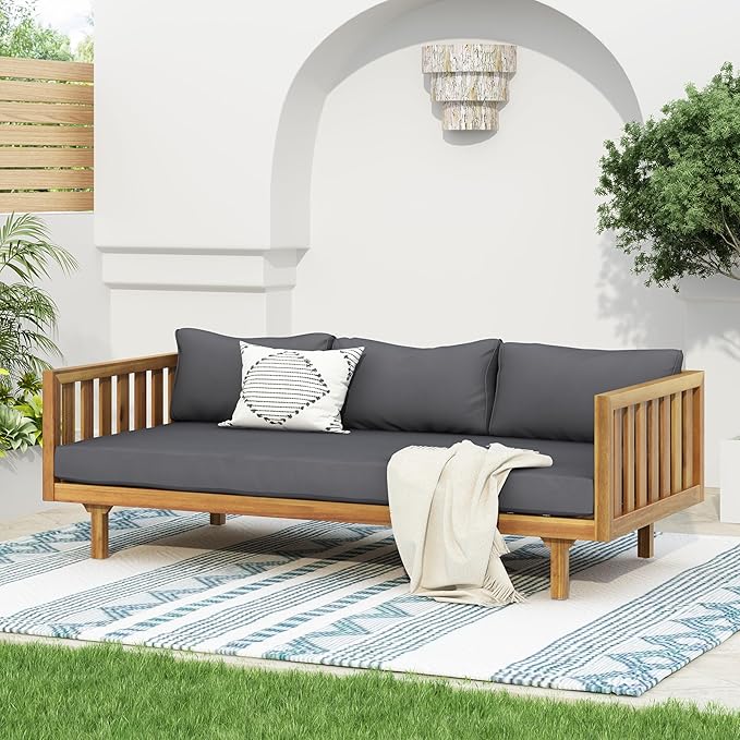 Merax Outdoor Acacia Wood Conversation Set - Patio 3-Seat Loveseat Sofa w/Coushion and Round Coffee Table for Backyard, Lawn, Balcony, Teak+Dark Gray Merax