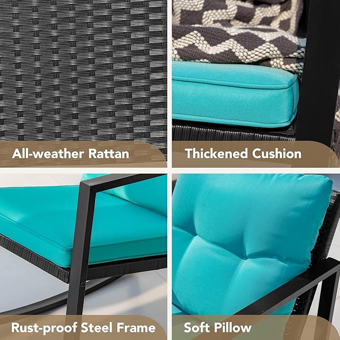 Devoko 3 Piece Rocking Bistro Set Wicker Patio Outdoor Furniture Porch Chairs Conversation Sets with Glass Coffee Table (Blue) DEVOKO