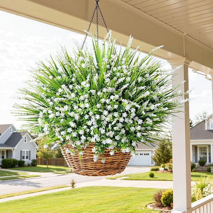 HyeFlora 20 Bundles Artificial Fake Outdoor Plants Flowers for Spring Decoration, UV Resistant Realistic White Plastic Flowers Faux Plant Monkey Grass for Planter Home Garden Porch Patio Window Box HyeFloraartificialflowers