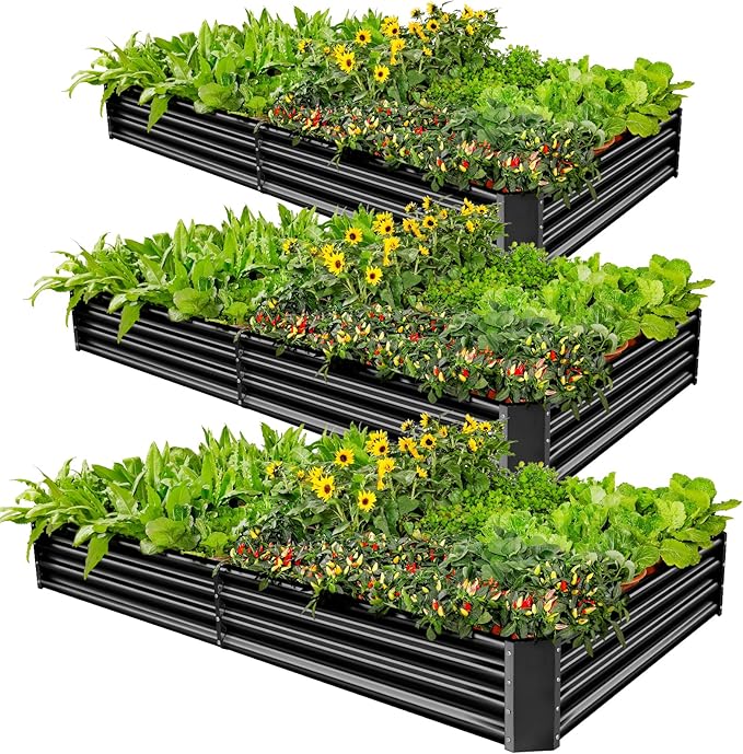 Land Guard 3 Pack 6×3×1ft Galvanized Metal Raised Garden Bed, Metal Planter Kit Box Outdoor for Deep-Rooted Vegetables, Flowers, Green and Herbs, Gray LandGuard
