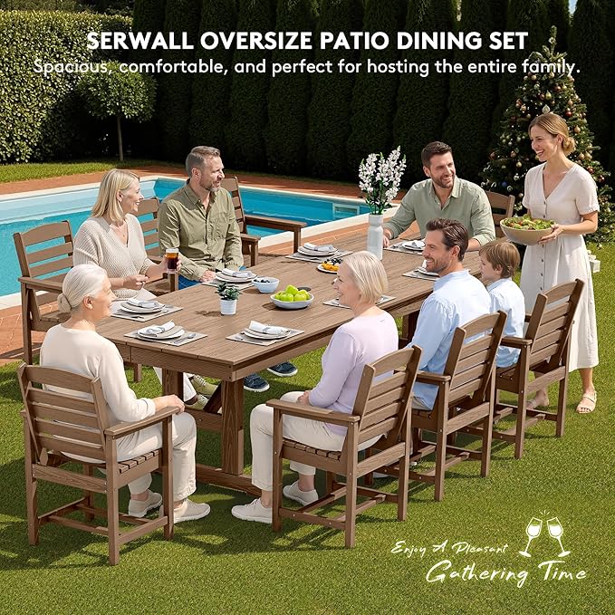 SERWALL 9 Piece Outdoor Dining Set, 84" HDPE Outdoor Table and Chairs for 8，All Weather Patio Furniture Set with Umbrella Hole for Backyard, Garden, Brown SERWALL