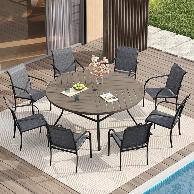 VICLLAX Patio Table and Chair Set of 8, All Weather Metal Round Outdoor Dining Furniture Set-53 Round Outdoor Table and Chairs, Grey Wood Grain Tabletop HOME