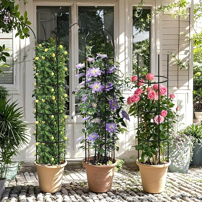 100% Metal Garden Obelisk Trellis for Climbing Plants Outdoor, 6.6ft Tall Metal Plant Support with Garden Twist Tie for Tomato Cucumber Pea Ivy Vines Rose Clematis Potted Plant Trellis 1 Pack WellSign