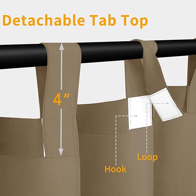Easy-Going Outdoor Patio Curtains Detachable Tab Top Windproof Weatherproof Curtain for Cabana, Porch, Pergola and Gazebo, Tab Bottom Drape, 2 Panels, 110W x 84L inch, Khaki Easy-Going