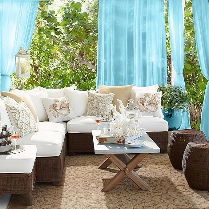 RYB HOME Waterproof Outdoor Curtains - Linen Like Translucent Breathable Sheer Curtains, Quick Dry Easy Slide Draperies for Backyard Patio Verandas, W 54" x L 84", 2 Pieces, Teal RYBHOME