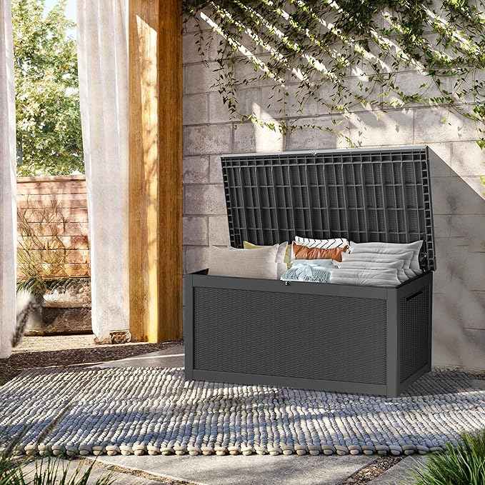 TARKARI 320 Gallon Lockable Resin Deck Box, Waterproof & UV-Resistant Outdoor Storage Box for Outdoor Cushion Storage, Garden Tools & Pool Accessories Storage, Black