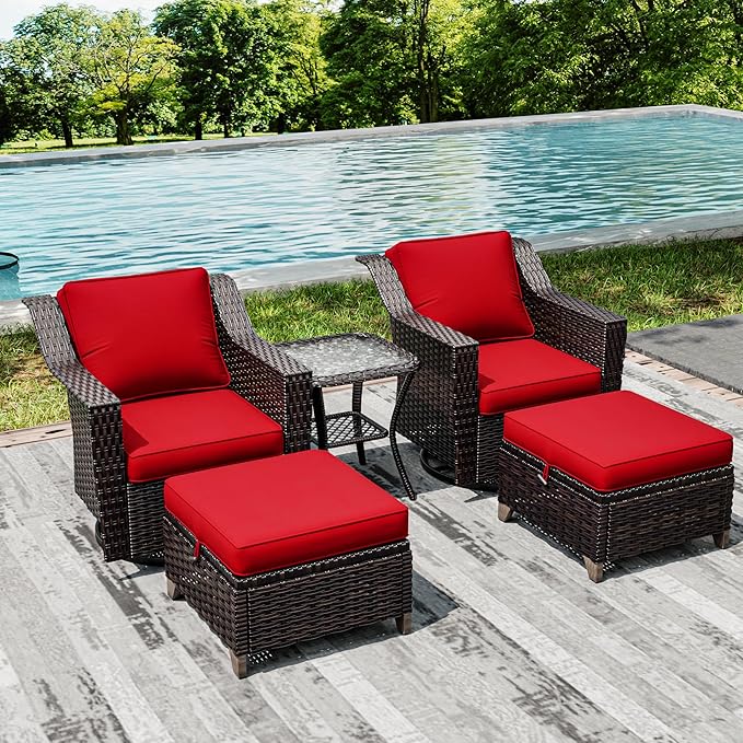 Joyside Wicker Patio Furniture Sets, 5 Pieces Upgraded Large Size Outdoor Furniture with Swivel Rocking Patio Chairs, Outdoor Ottoman and Side Table, Thick Cushions, Wide Armrest Joyside