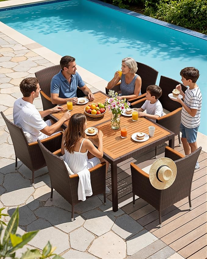 Flamaker 7 Piece Patio Dining Set Outdoor Acacia Wood Table and Chairs with Soft Cushions Wicker Patio Furniture for Deck, Backyard, Garden (Brown) Flamaker