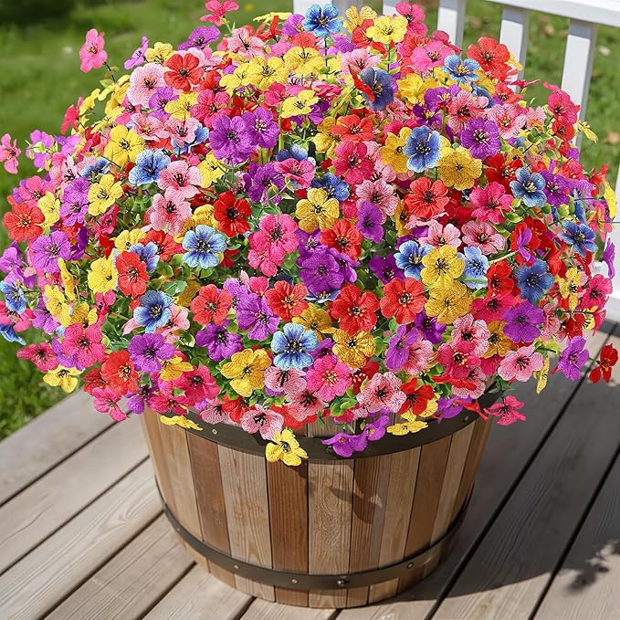 Alupssuc 32 Bundles Artificial Flowers for Outdoors Decoration, UV Resistant Silk Faux Floral Spring Fake Plastic Plants Greenery for Outside Indoor Home Garden Porch Window Box Decor, Mix 6 Colors Alupssuc