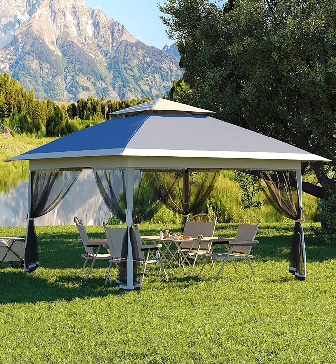 13 X 13FT Pop Up Gazebo, Canopy Tent, Gazebos on Clearance,Patio Folding Canopy with Mosquito Netting - Backyard Tent for Party, Wedding, Outdoor Dining, Patio, Backyard(Navy Blue+Hemp Grey) Hipicute