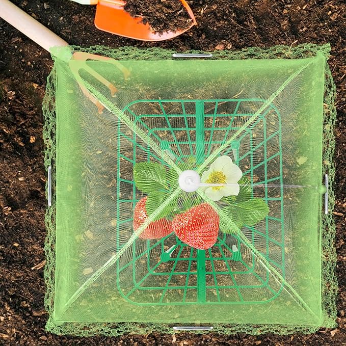 6 Sets Strawberry Plant Support with Mesh Cover - Square Gardening Frame, Animal Barrier, Iron Stakes & Storage Bag for Healthy Strawberries, Tomatoes, Veggies (Green) (6 pcs) NODMIPNS