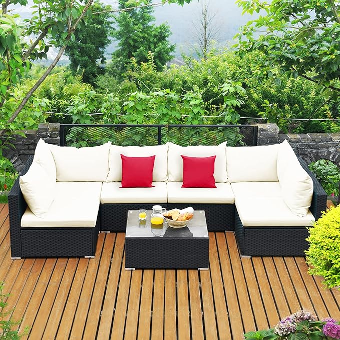Tangkula 7-Piece Patio Furniture Set, Outdoor Sectional Sofa w/Pillows & Cushions, Wicker Conversation Set with Coffee Table & Tea Table for Garden & Lawn (Beige) TANGKULA