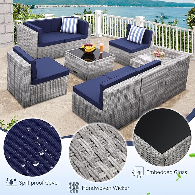 8-Piece Patio Furniture Set, Outdoor Wicker Rattan Sectional with Thick Cushions, Glass Top Table with Hidden Storage, Outdoor Conversation Set for Backyard, Porch, Patio, Blue KROFEM