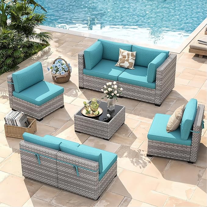 6-Seat Modular Patio Furniture Set – Outdoor Wicker Sectional Sofa with Thick 4″ Cushions, Dual-Strand PE Rattan, Rust-Resistant 18 mm Steel Frame, Backyard Garden Deck Lounge,Blue MASIONBACKYARDS