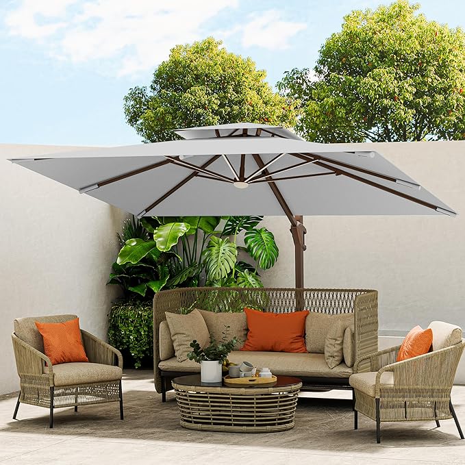 10 X 13 FT Cantilever Outdoor Patio Umbrella with Base Included Large Heavy Duty 360° Rotation Double Top Offset Rectangular Umbrellas with Led Lights for Backyard Outside Deck,Fog Grey MEVBC