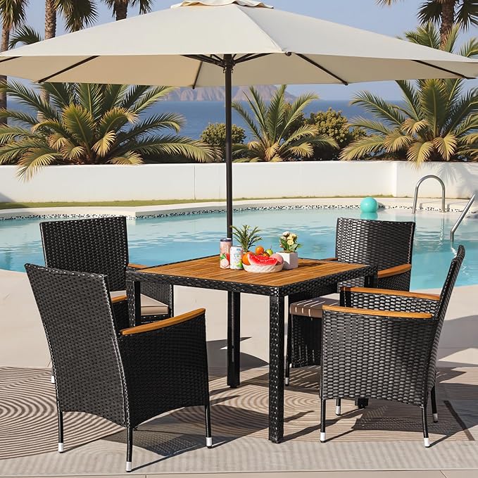 Greesum 5 Pieces Outdoor Patio Dining Set, Conversation Sets with 1 Table and 4 Rattan Chairs with Curved Acacia Wooden Armrests and Cushions, Black BuynowfromGreesum