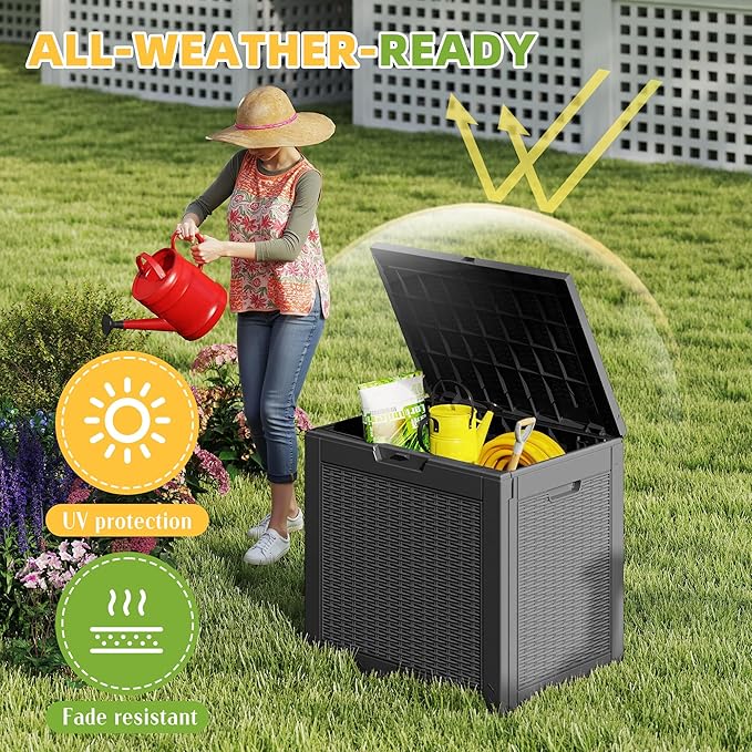 31 Gallon Outdoor Storage Box Weather Resistant UV Protection Waterproof Resin Deck Box for Garden, Patio, Porch, Delivery(Rattan Black) KFY