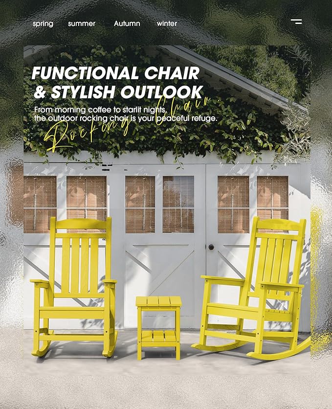 KINGYES HDPE Rocking Chairs Outdoor, Patio Rocking Chairs with 330lbs Support, Smooth Porch Rocker for Deck Lawn Yard, Yellow KINGYES