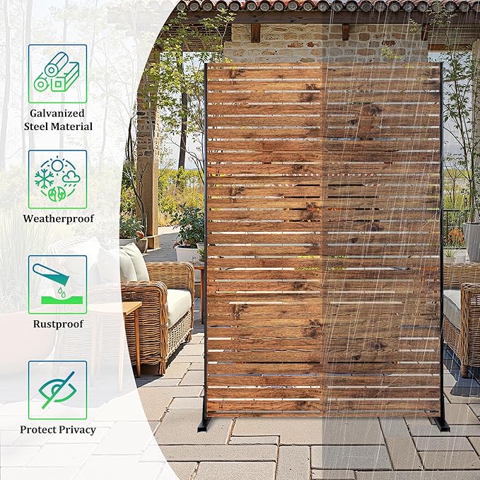 Metal Privacy Screen, 72" H×47" W Outdoor Privacy Screen, Freestanding Decorative Privacy Screen for Deck Balcony Patio, Natural Wood Brown FENCY