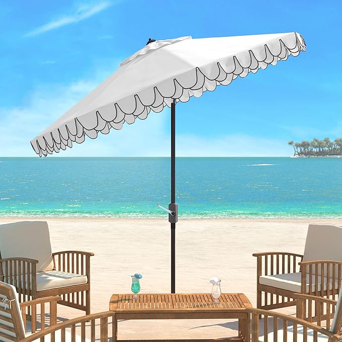 SAFAVIEH 9ft Outdoor Patio Umbrella, Round, Valance, Ivory & Black Trim, Auto Crank Tilt, UV Resistant for Deck, Backyard, Poolside (PAT8006E) SAFAVIEH