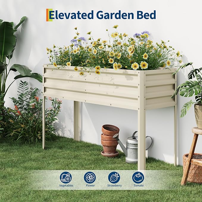 Galvanized Raised Garden Bed with Legs, 50×17×32 in Large Elevated Planter Box for Outdoor Plants, Sturdy Metal Raised Garden Beds for Vegetables, Flowers & Herbs, Backyard, Patio, Beige Garvee