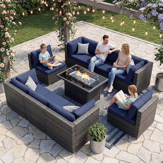 NICESOUL 9 Piece Large Outdoor Patio Furniture Set with Fire Pit Table Gas/Propane, 29.3'' High Back Rattan Modular Sectional Sofa, Extra Wide Conversations for Backyard, 2 Color Cushion Navy & Gray NICESOUL