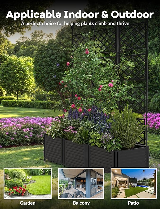 3 PCS Raised Garden Bed with Trellis & Privacy Screen, 50"w x 63"Tall Vertical Garden Planter Box for Climbing Plants - Sturdy Lightweight Outdoor Planter for Vegetables, Flowers on Patio, Balcony Rootora