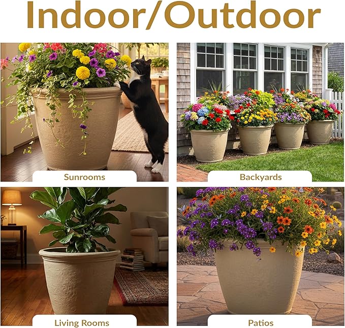 Sunnydaze 20-Inch Anjelica Large Plastic Pot for Plants - Outdoor Double-Walled Large Plastic Planter with Drillable Drainage Holes - Beige - 2pk SunnydazeDecor